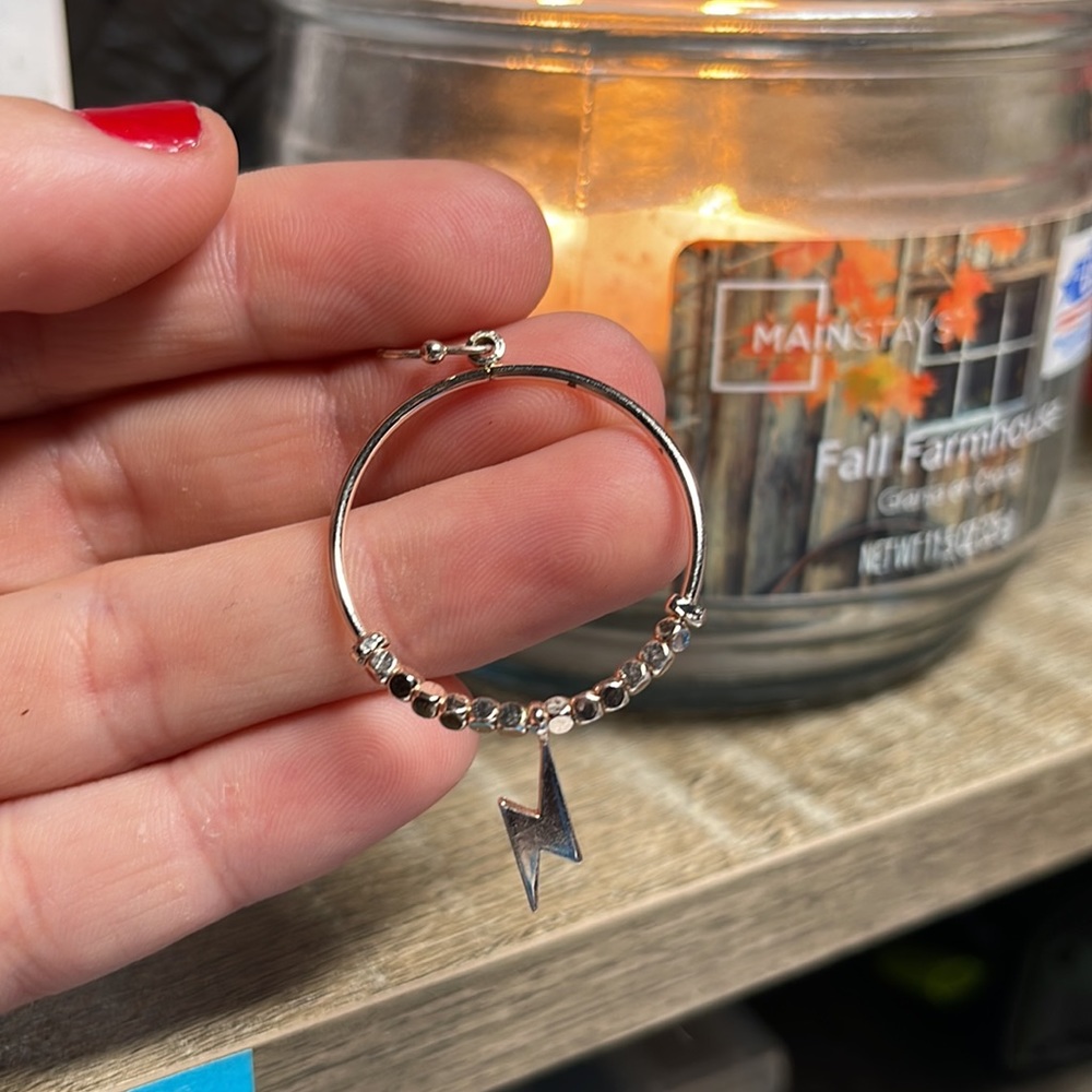 Gold Drop Hoop Earrings w/ Lightening Bolt - Picture 3 of 4